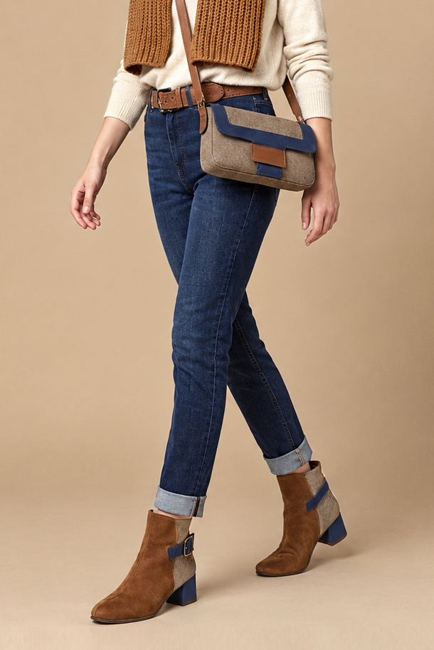 Dress ankle boots back buckles in caramel brown, tan beige and navy blue leather with medium block heels and square toe - Worn view